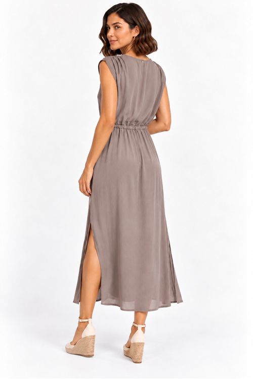 vestido midi drapeado ombro khaki..,
